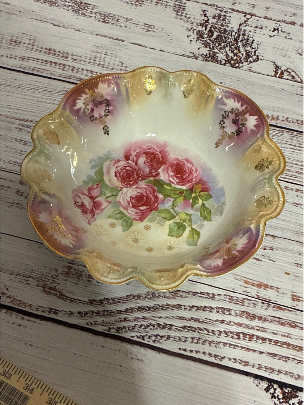 Antique RS Prussia Master Berry Bowl Mold 88 | Pink Roses Gold Gilt 10.5"